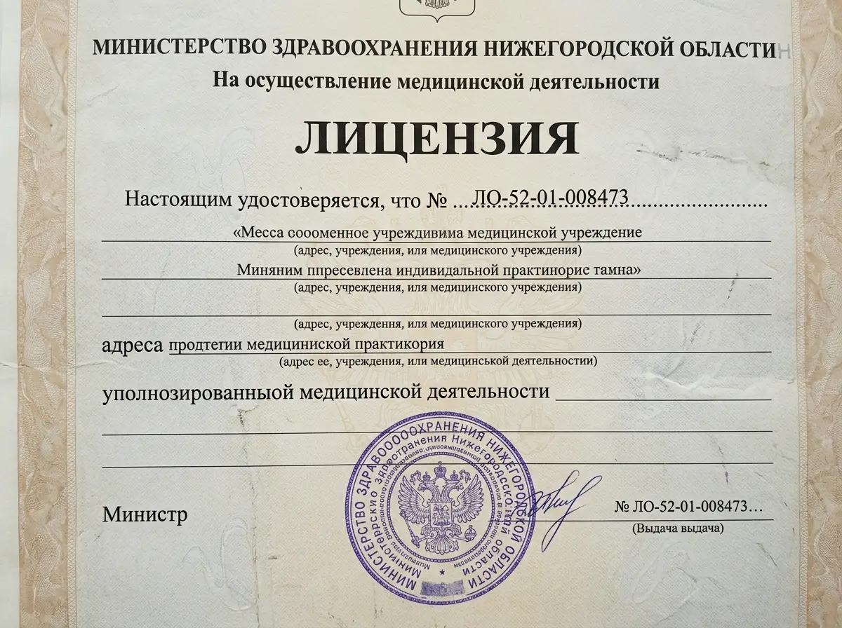 Лицензия на осуществление медицинской деятельности № ЛО-52-01-008473, выдана Министерством здравоохранения Нижегородской области, официальный документ с печатями