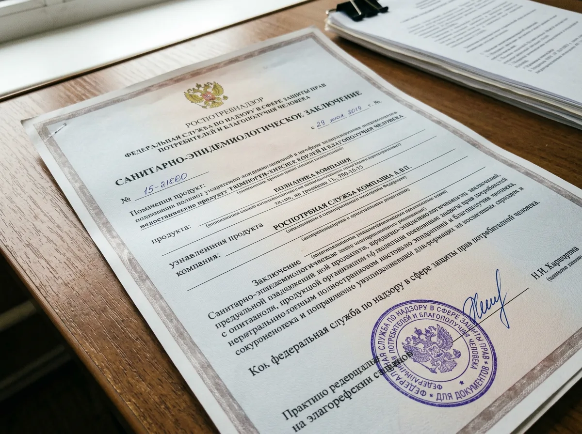 Санитарно-эпидемиологическое заключение Роспотребнадзора, документ с гербом Российской Федерации, официальная печать
